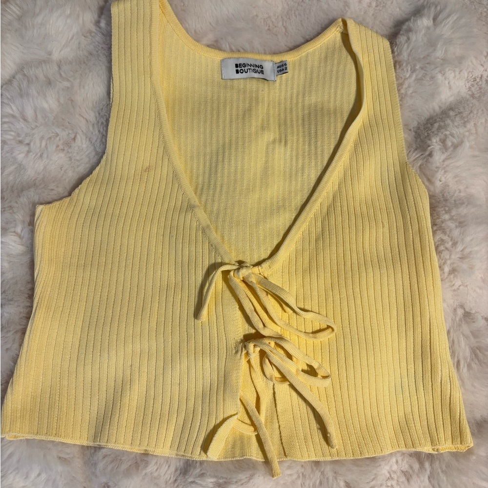Beginning Boutique Yellow Ribbed Tie-Front Top